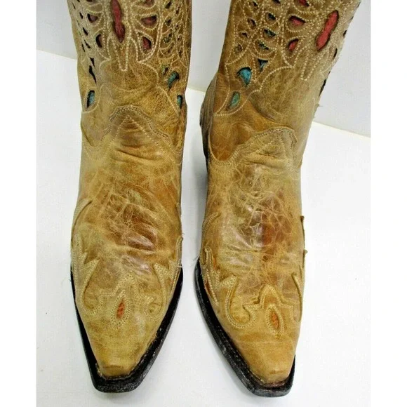 Corral Crackle Butterfly inlay Western Boots R2477 - turquoise tan 8 M snip toe